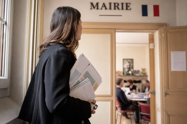 Collaborateur municipal anonyme tenant un dossier dans une mairie française, en portrait éditorial lumineux.