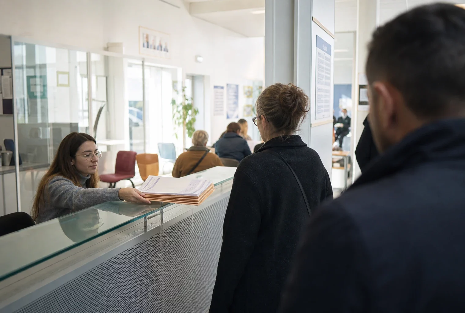 Guichet administratif lumineux avec dossier papier, mains anonymes et file d’attente calme dans un service public français
