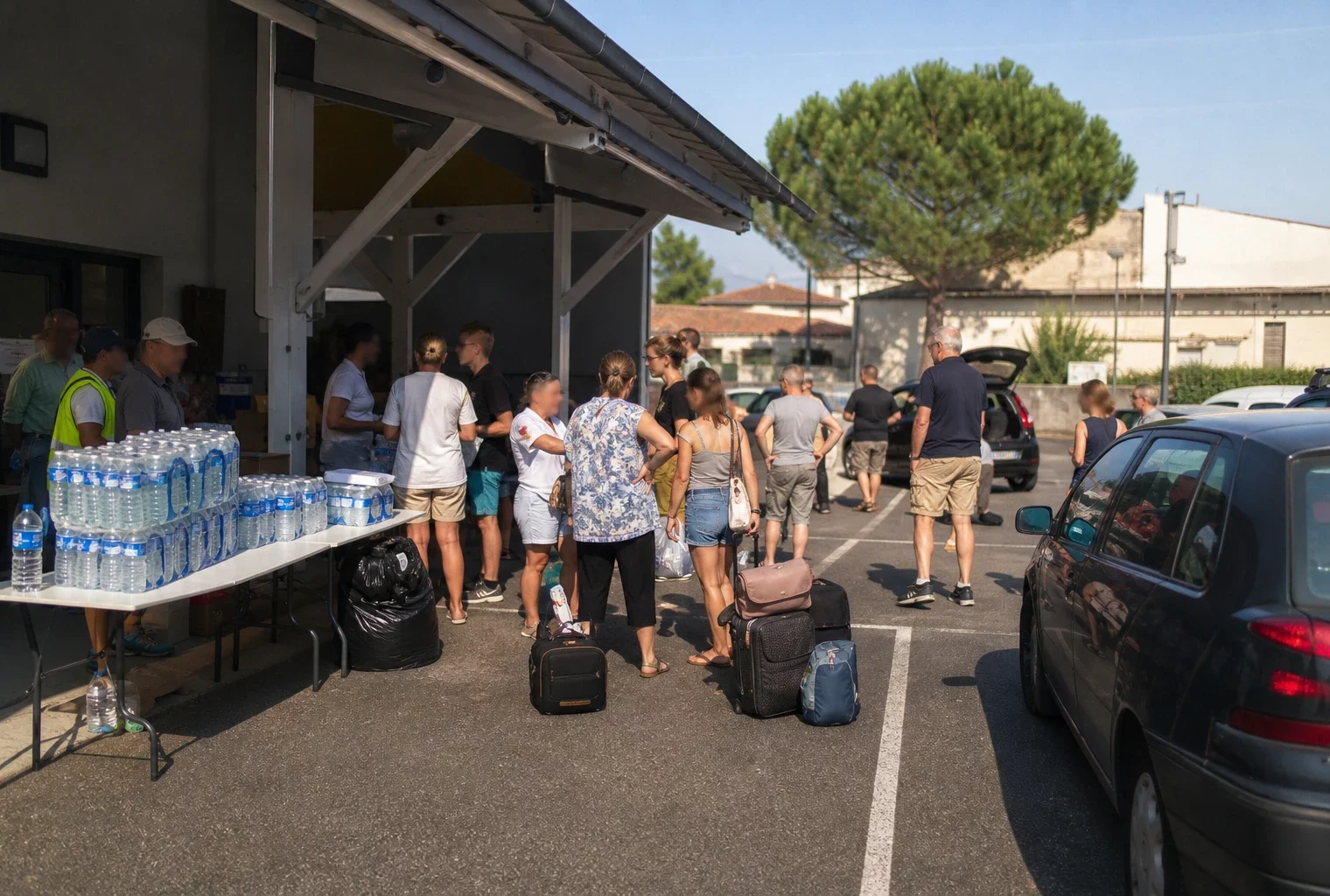 Des habitants attendent dans un point d’accueil communal en Gironde après les évacuations liées aux incendies.