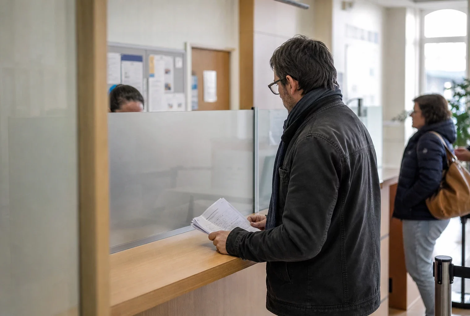 Guichet d’accueil d’un service public français avec un dossier à la main et des usagers anonymes en attente