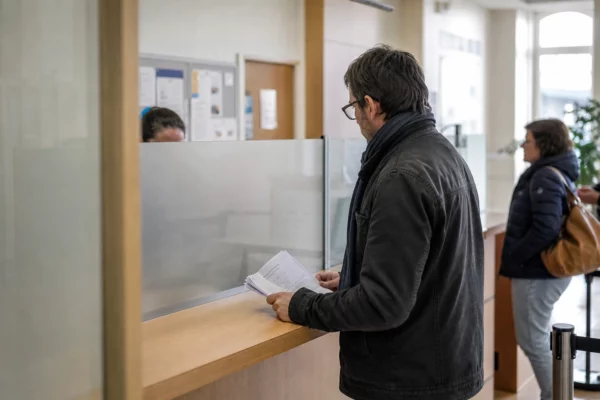 Guichet d’accueil d’un service public français avec un dossier à la main et des usagers anonymes en attente