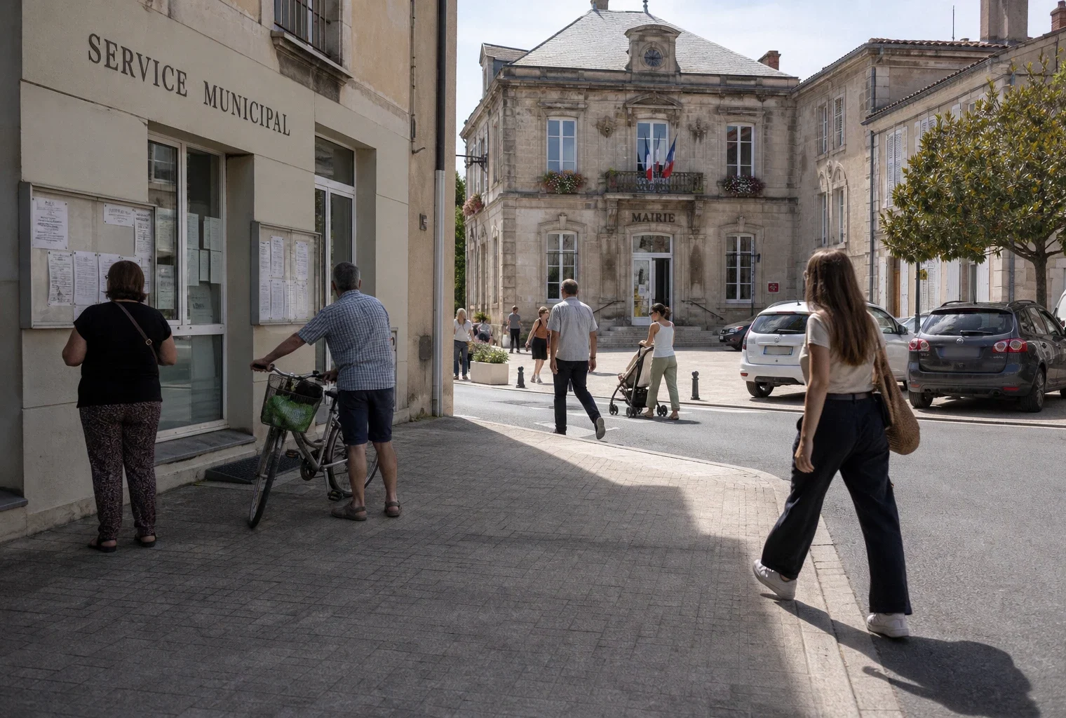 Rue d’une ville moyenne française avec la mairie et des habitants anonymes en plein après-midi.