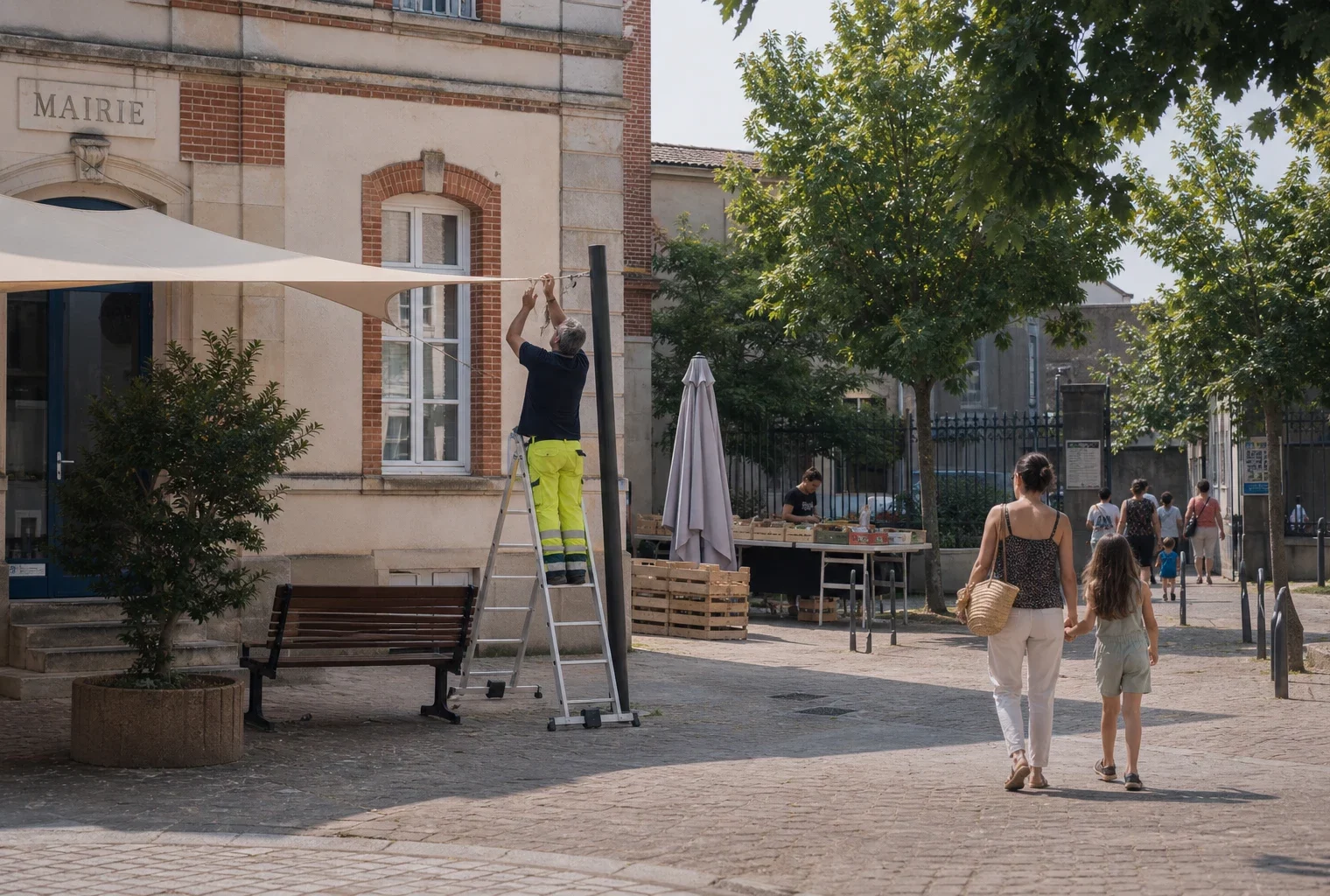 Place d’une ville moyenne française avec mairie, habitants anonymes et ombres d’été lors d’un aménagement urbain.