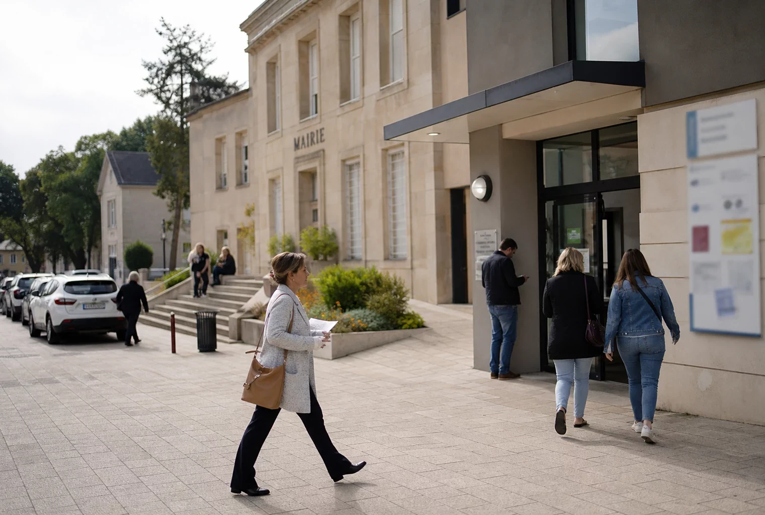 Place de petite ville française avec mairie locale, passants anonymes et ambiance civique calme.
