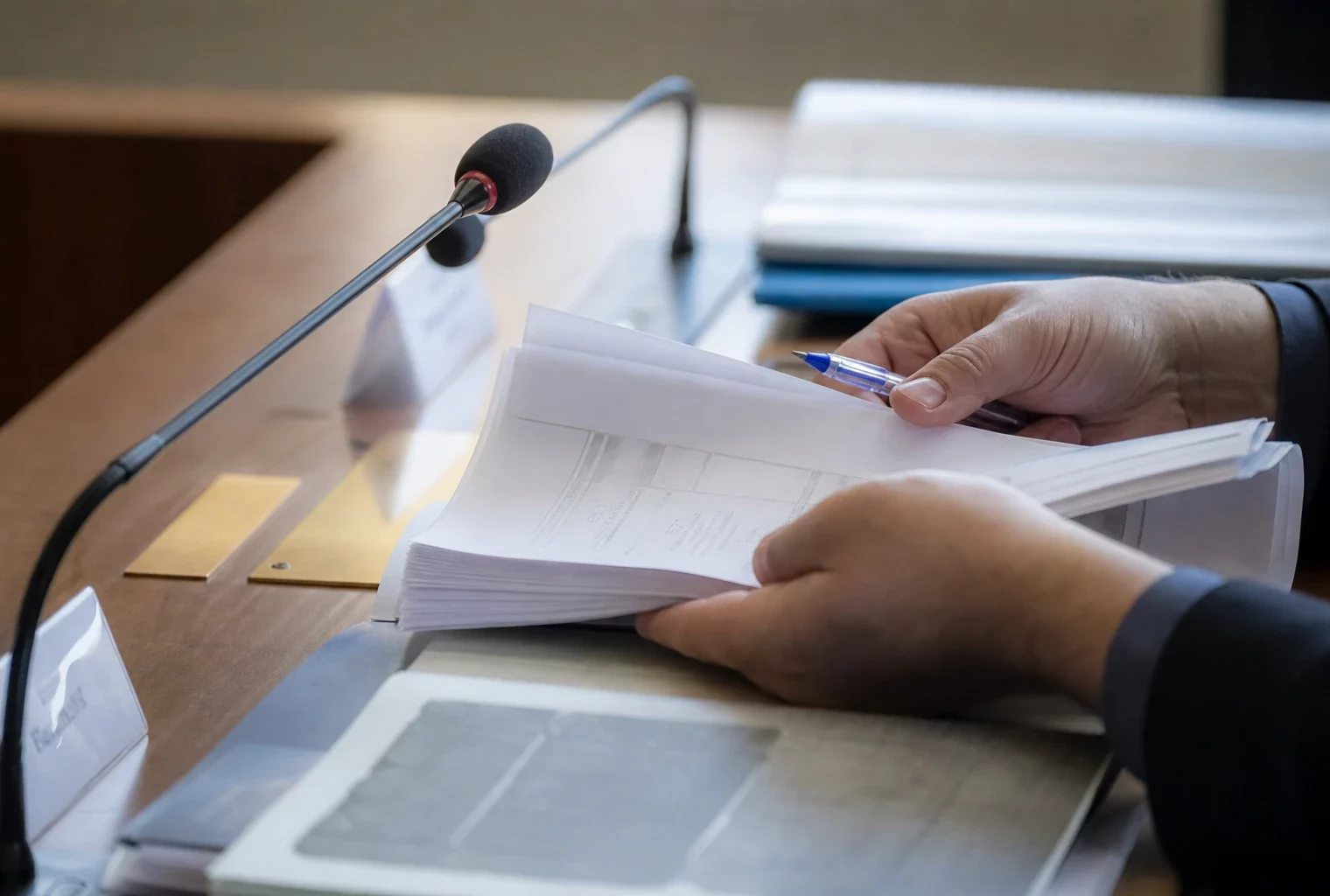 Mains anonymes consultant un dossier en commission avec micro de table dans une lumière claire et naturelle.