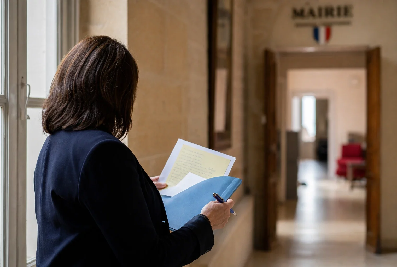 Collègue ou élu local anonyme dans une mairie française, dossier en main, lumière naturelle et arrière-plan flou.