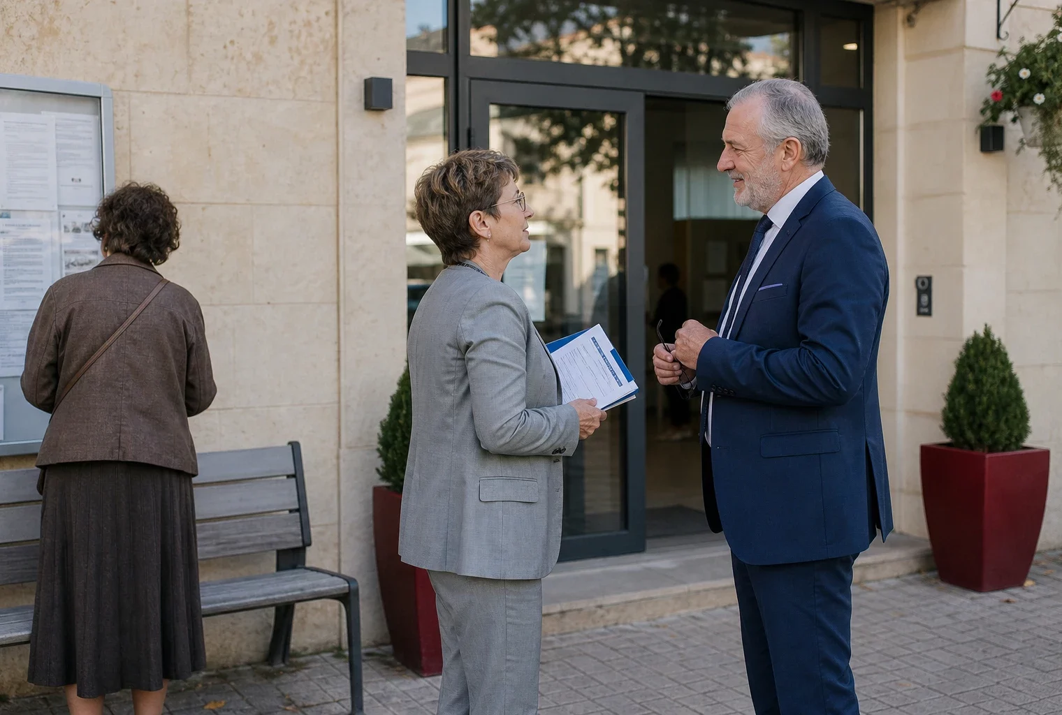 Des citoyens anonymes devant une mairie française, dans une scène de vie civique claire et documentaire.