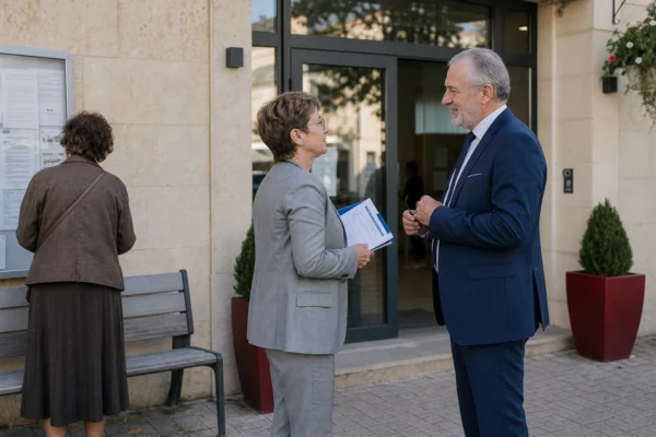 Des citoyens anonymes devant une mairie française, dans une scène de vie civique claire et documentaire.