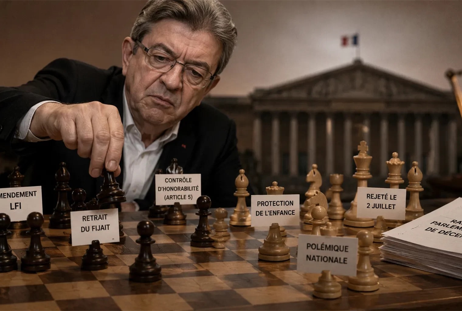 Jean-Luc Mélenchon jouant aux échecs devant l’Assemblée nationale, dans une mise en scène symbolisant la polémique sur l’amendement LFI relatif au FIJAIT et à la protection de l’enfance.