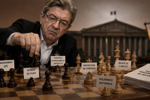 Jean-Luc Mélenchon jouant aux échecs devant l’Assemblée nationale, dans une mise en scène symbolisant la polémique sur l’amendement LFI relatif au FIJAIT et à la protection de l’enfance.