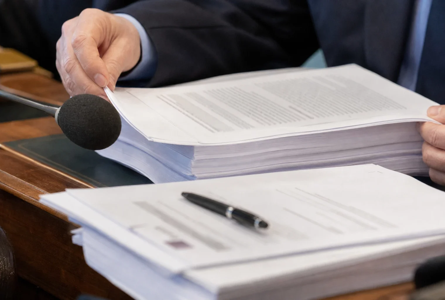 Dossier et micro de commission parlementaire, mains anonymes en train d’examiner des documents sous une lumière de fenêtre.