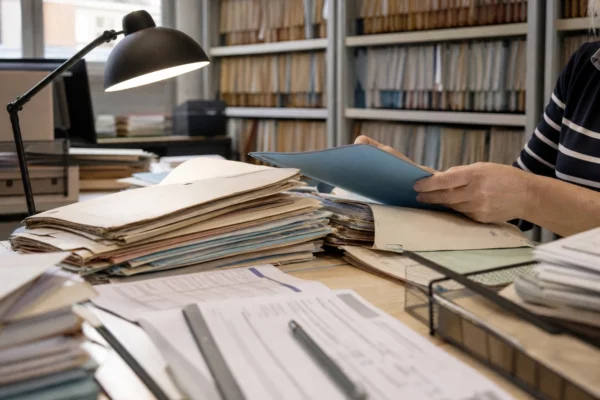 Mains anonymes dans des archives publiques, dossiers administratifs flous et demande d’accès aux documents sous une lampe de bureau.