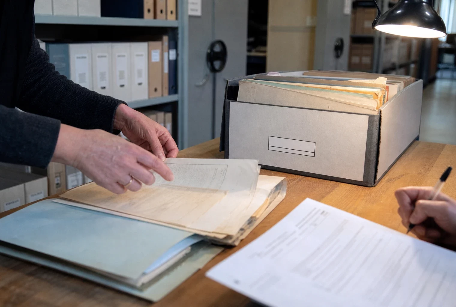 Des mains anonymes trient des dossiers d’archives dans un service public français, sous une lumière claire.
