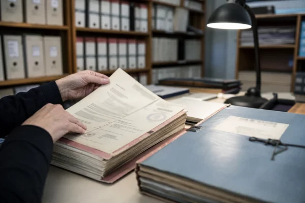 Des mains anonymes consultent des dossiers d’archives administratives dans une salle claire, avec une demande d’accès aux documents.