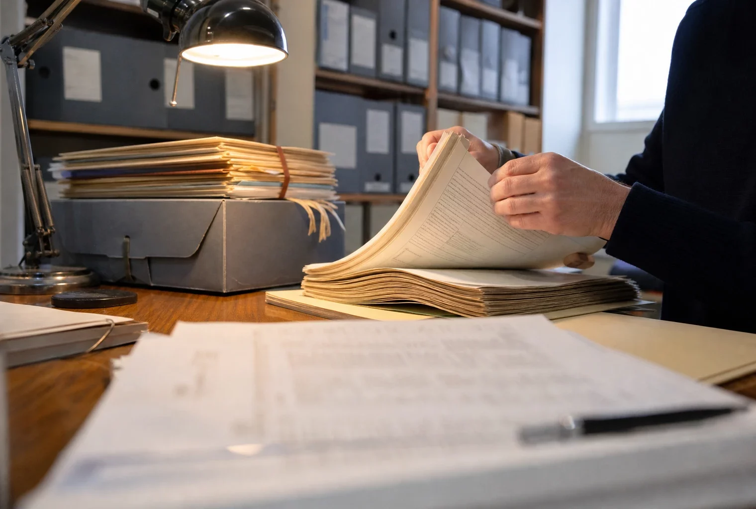Des mains anonymes classent des dossiers d’archives dans un bureau lumineux, avec des documents flous au premier plan.