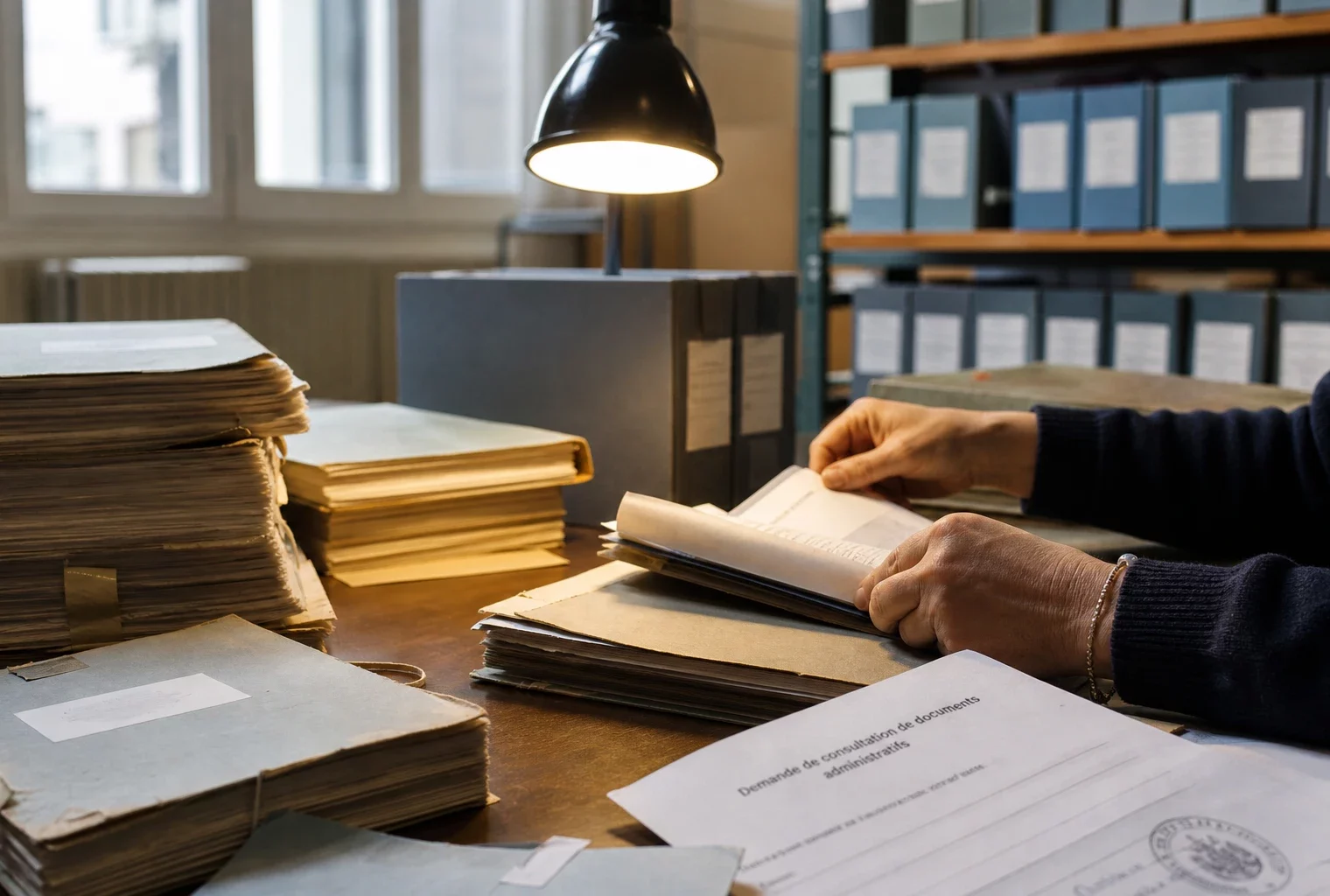 Mains anonymes triant des dossiers d’archives administratives dans une salle claire, avec demande de documents floutée.