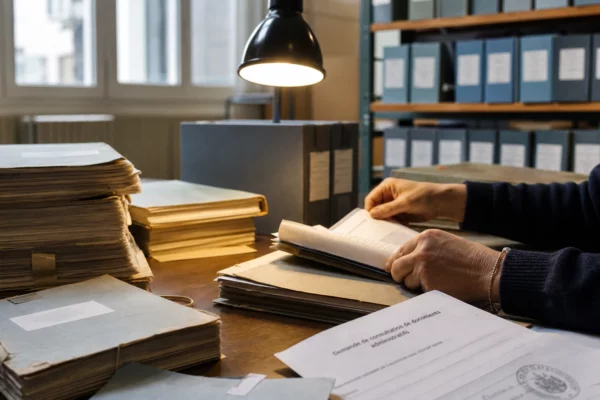 Mains anonymes triant des dossiers d’archives administratives dans une salle claire, avec demande de documents floutée.