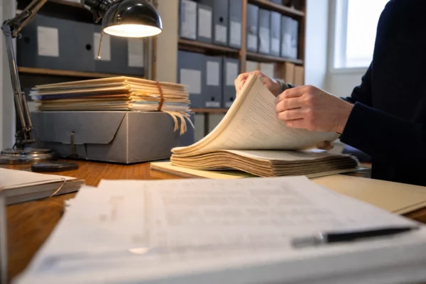 Des mains anonymes classent des dossiers d’archives dans un bureau lumineux, avec des documents flous au premier plan.