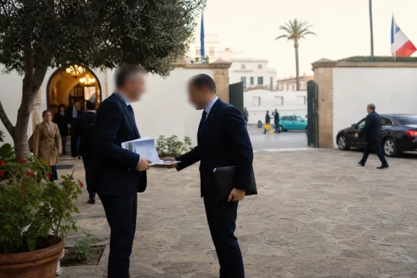 Arrivée diplomatique dans la cour de la résidence de France à Rabat, avec véhicules civils et personnel en mouvement.