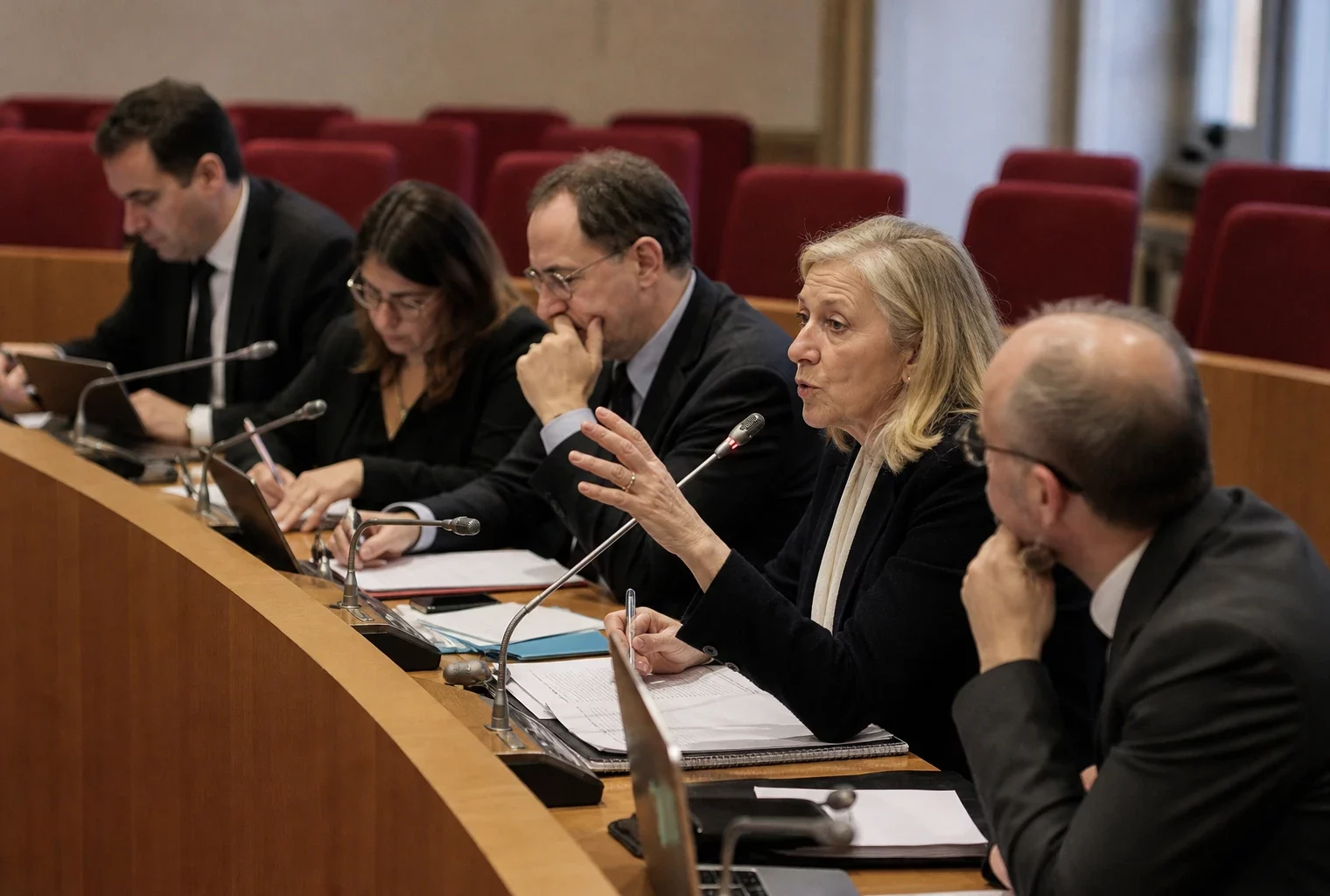 Réunion de commission à l’Assemblée nationale avec députés, dossiers ouverts et micros autour d’un débat agricole