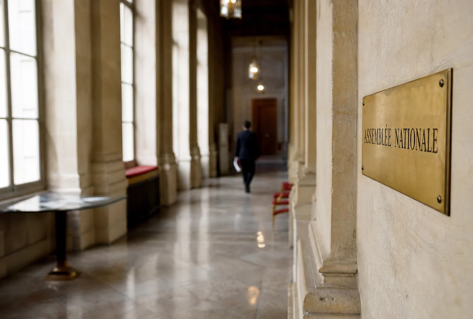 Couloir lumineux de l’Assemblée nationale avec une silhouette floue et une plaque discrète au mur.