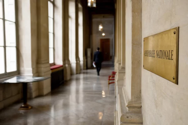 Couloir lumineux de l’Assemblée nationale avec une silhouette floue et une plaque discrète au mur.