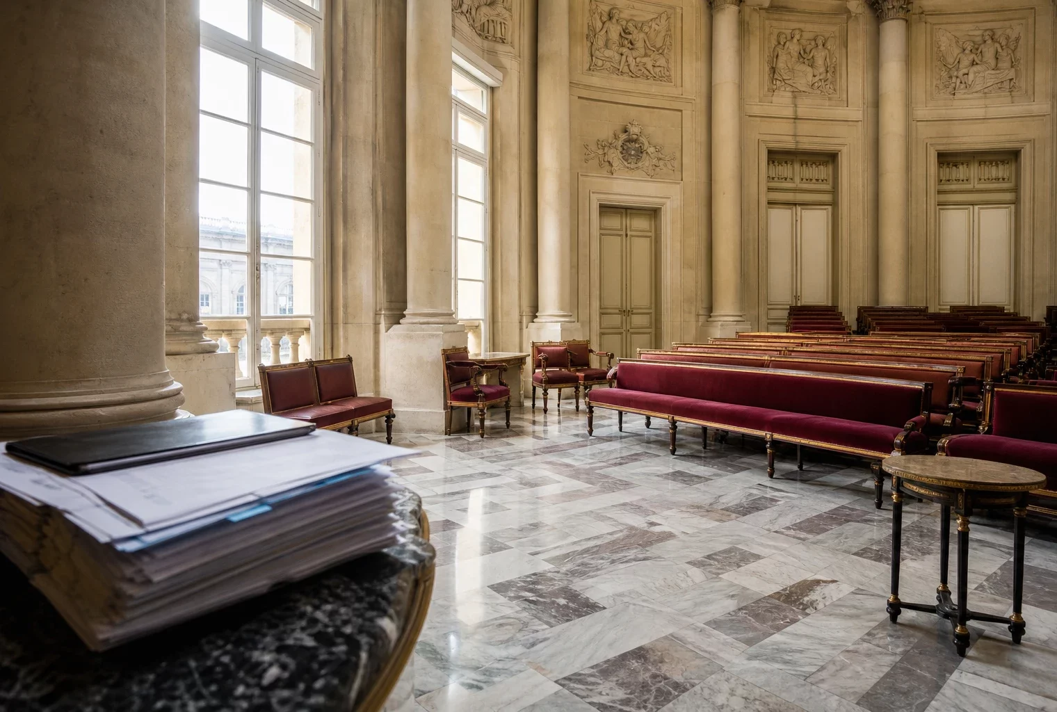 Vue intérieure lumineuse de la Salle des Quatre-Colonnes à l’Assemblée nationale, avec dossiers flous sur une table.