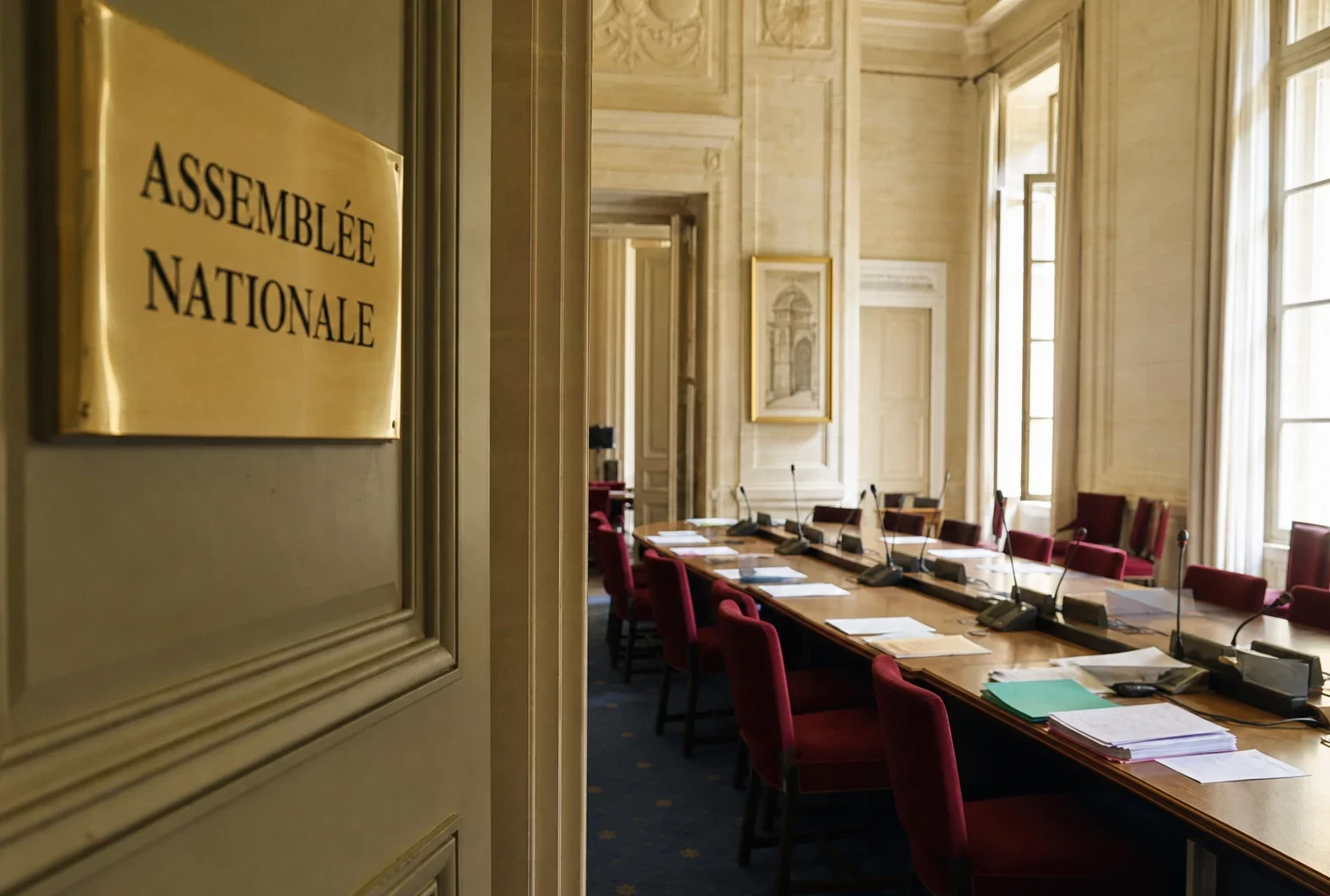 Salle de commission vide à l’Assemblée nationale, avec sièges rouges et micros sous une lumière naturelle claire.