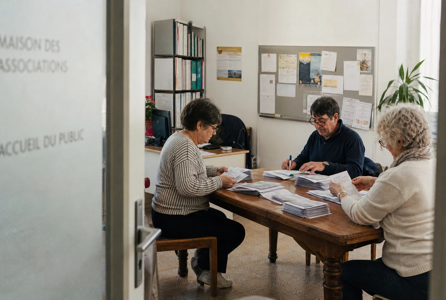 Réunion dans une association de quartier française avec des habitants anonymes et des documents de campagne flous