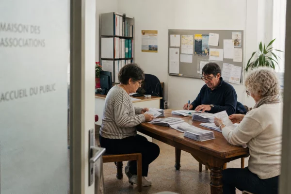 Réunion dans une association de quartier française avec des habitants anonymes et des documents de campagne flous