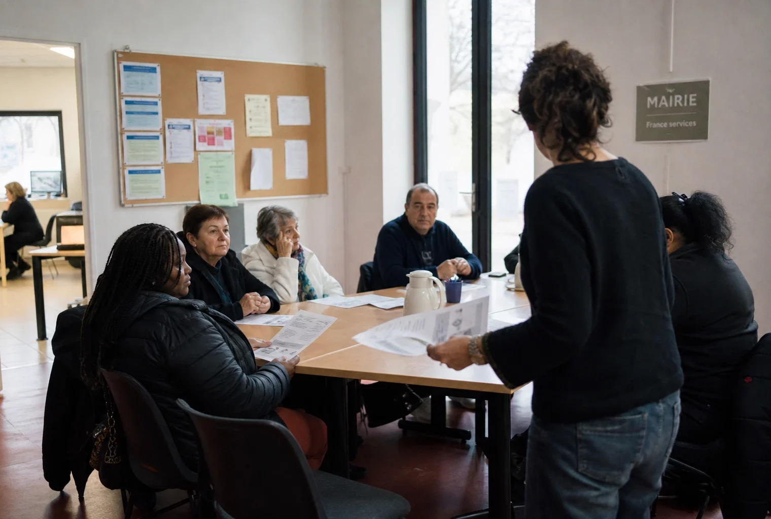 Réunion locale dans une association de quartier, avec des habitants anonymes autour de documents flous sur le vote.