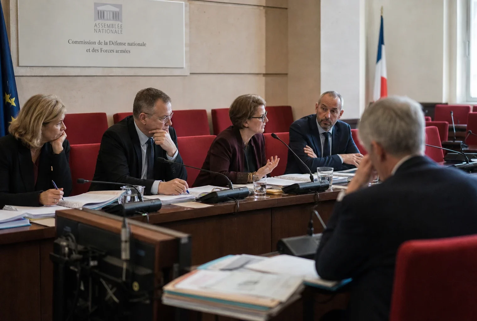 Réunion de commission à l’Assemblée nationale sur le budget des armées, avec micros, dossiers et élus anonymes.
