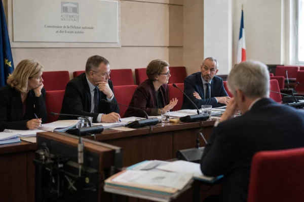 Réunion de commission à l’Assemblée nationale sur le budget des armées, avec micros, dossiers et élus anonymes.