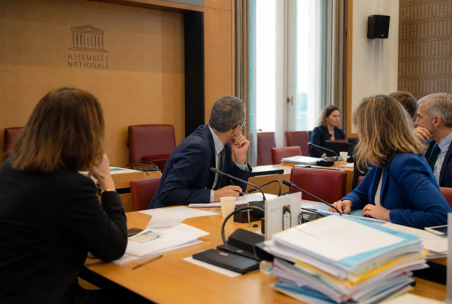 Audition parlementaire sur le budget de la culture avec micros, dossiers ouverts et silhouettes anonymes autour d’une table.