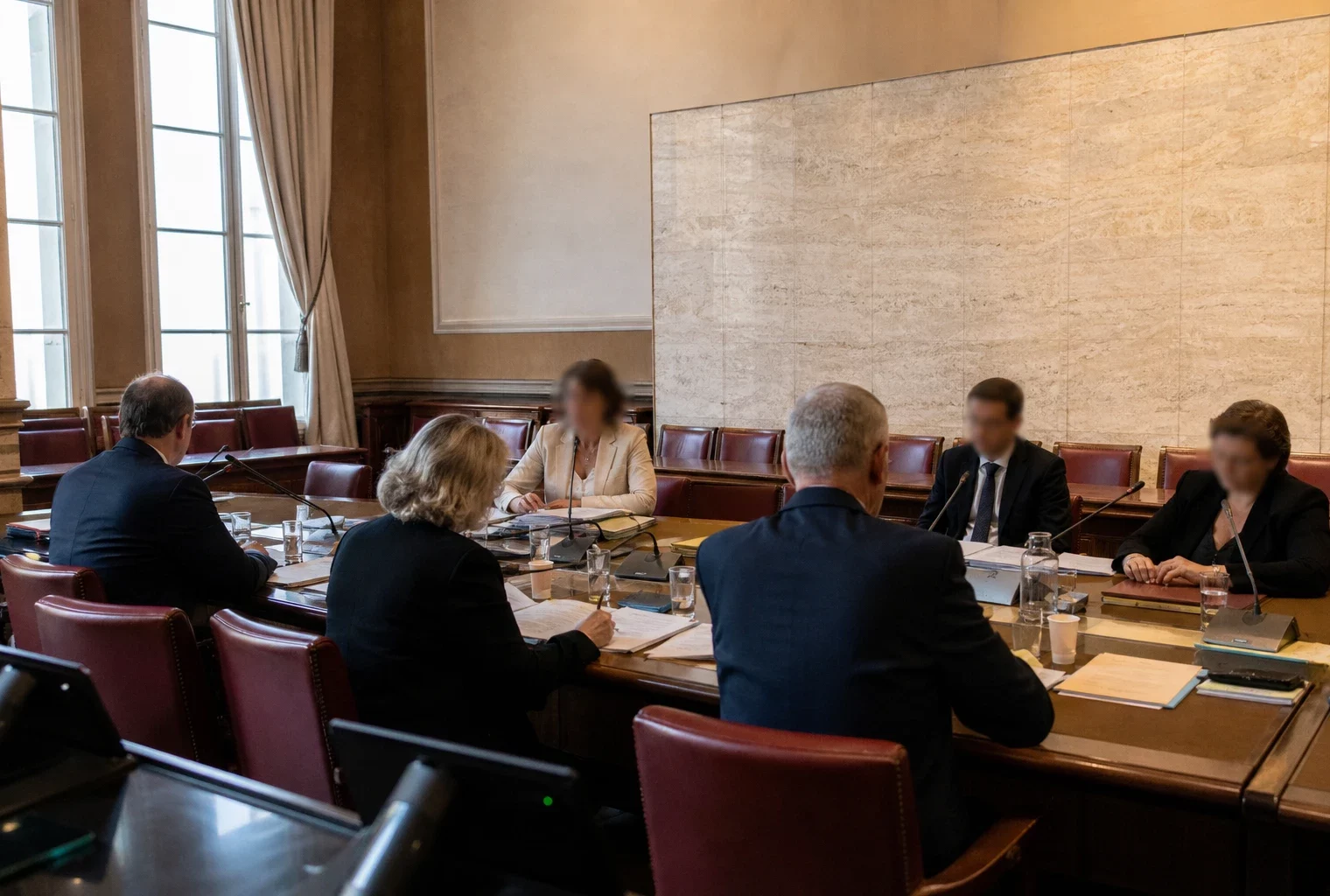 Audition à l’Assemblée nationale avec députés anonymes, micros et dossiers lors du débat sur l’aide à mourir