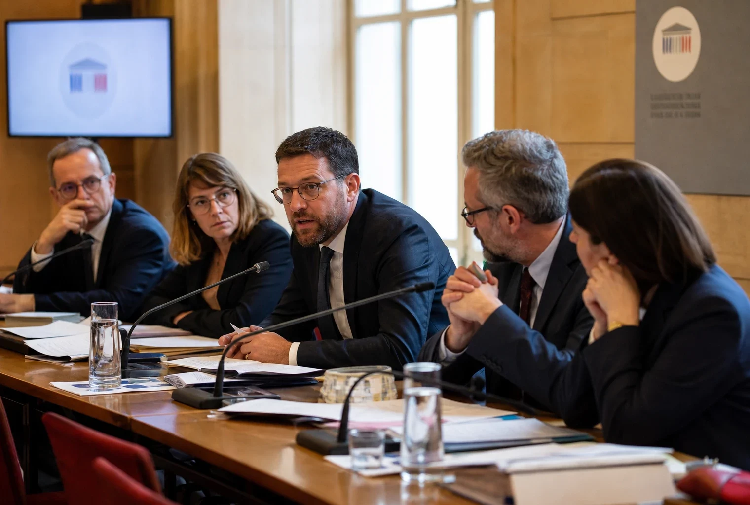 Audition parlementaire dans une commission, avec micros, dossiers ouverts et silhouettes anonymes dans une salle lumineuse.