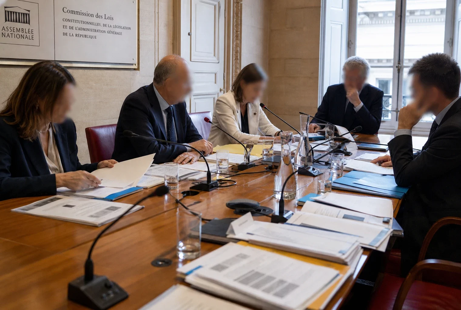 Réunion de commission parlementaire en France avec micros, dossiers et silhouettes anonymes sous une lumière claire.
