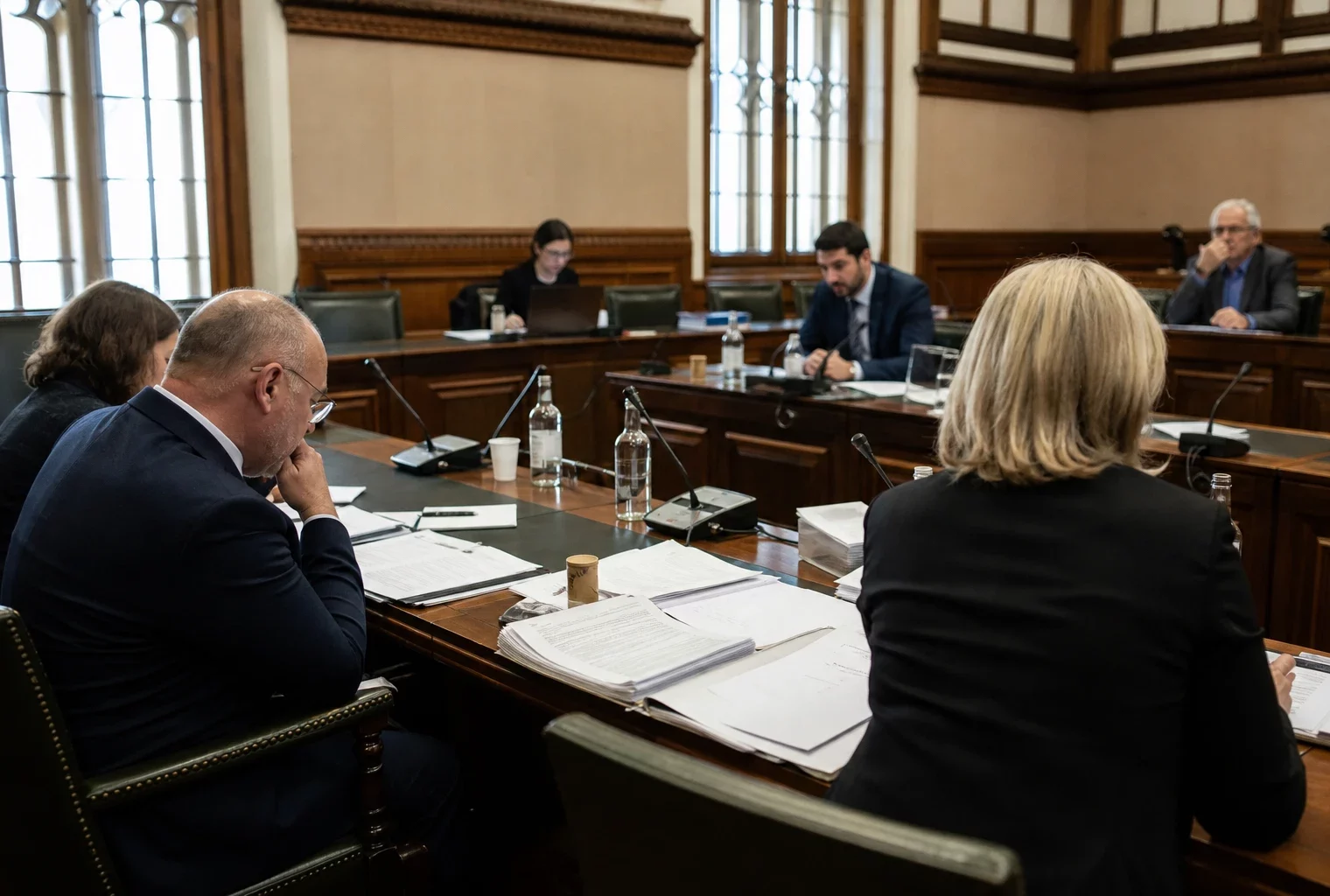 Réunion de commission parlementaire avec micros, dossiers ouverts et silhouettes anonymes dans une salle claire.