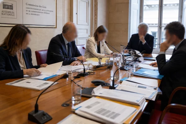 Réunion de commission parlementaire en France avec micros, dossiers et silhouettes anonymes sous une lumière claire.