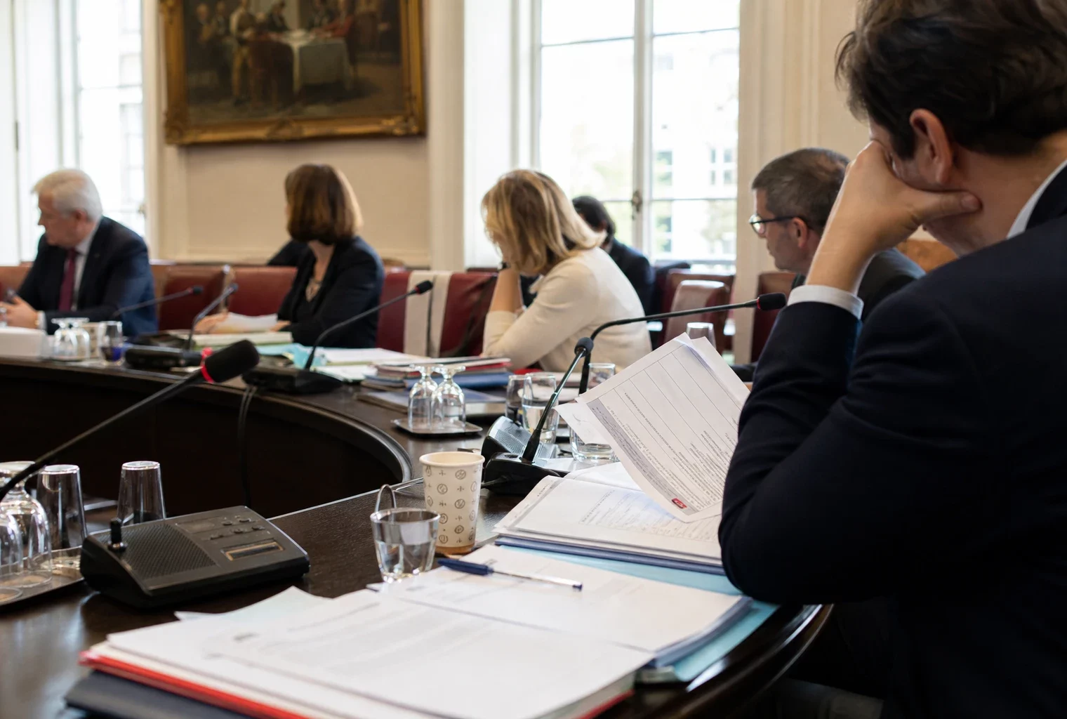 Réunion de commission parlementaire avec micros, dossiers ouverts et silhouettes anonymes dans une salle claire.