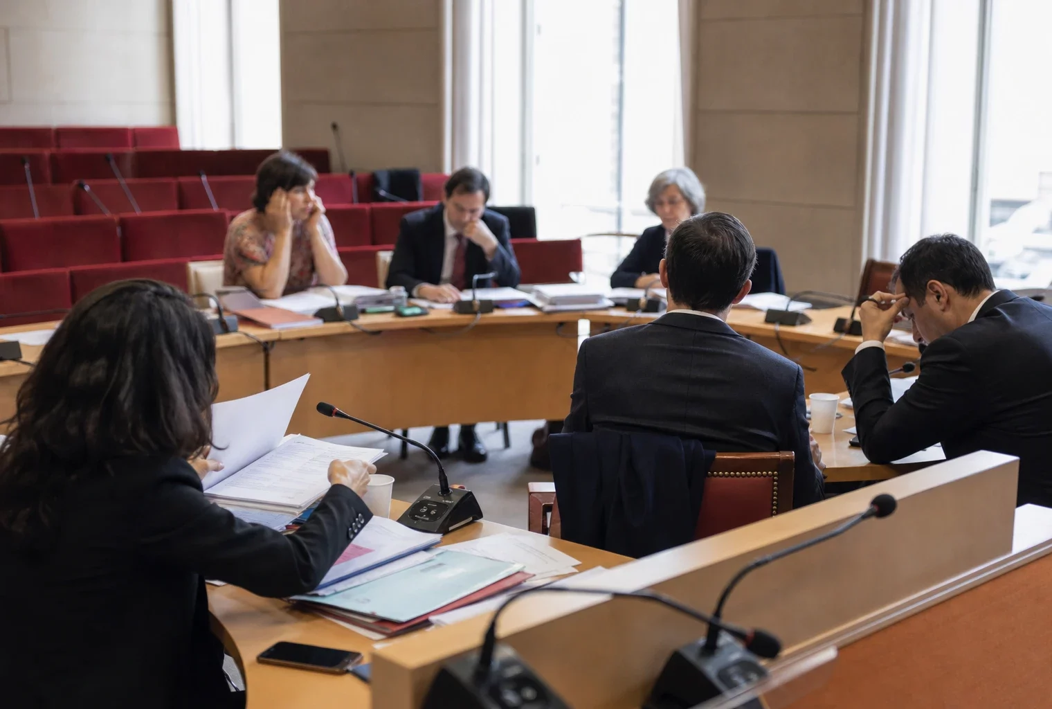 Audition parlementaire en commission avec micros, dossiers ouverts et silhouettes anonymes dans une salle institutionnelle lumineuse.
