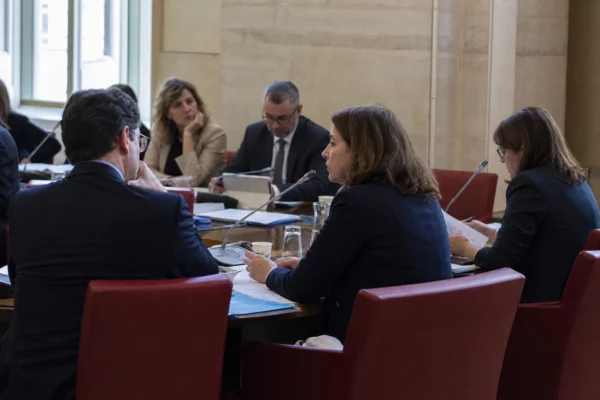 Audition parlementaire en commission avec micros, dossiers ouverts et silhouettes anonymes dans une salle institutionnelle