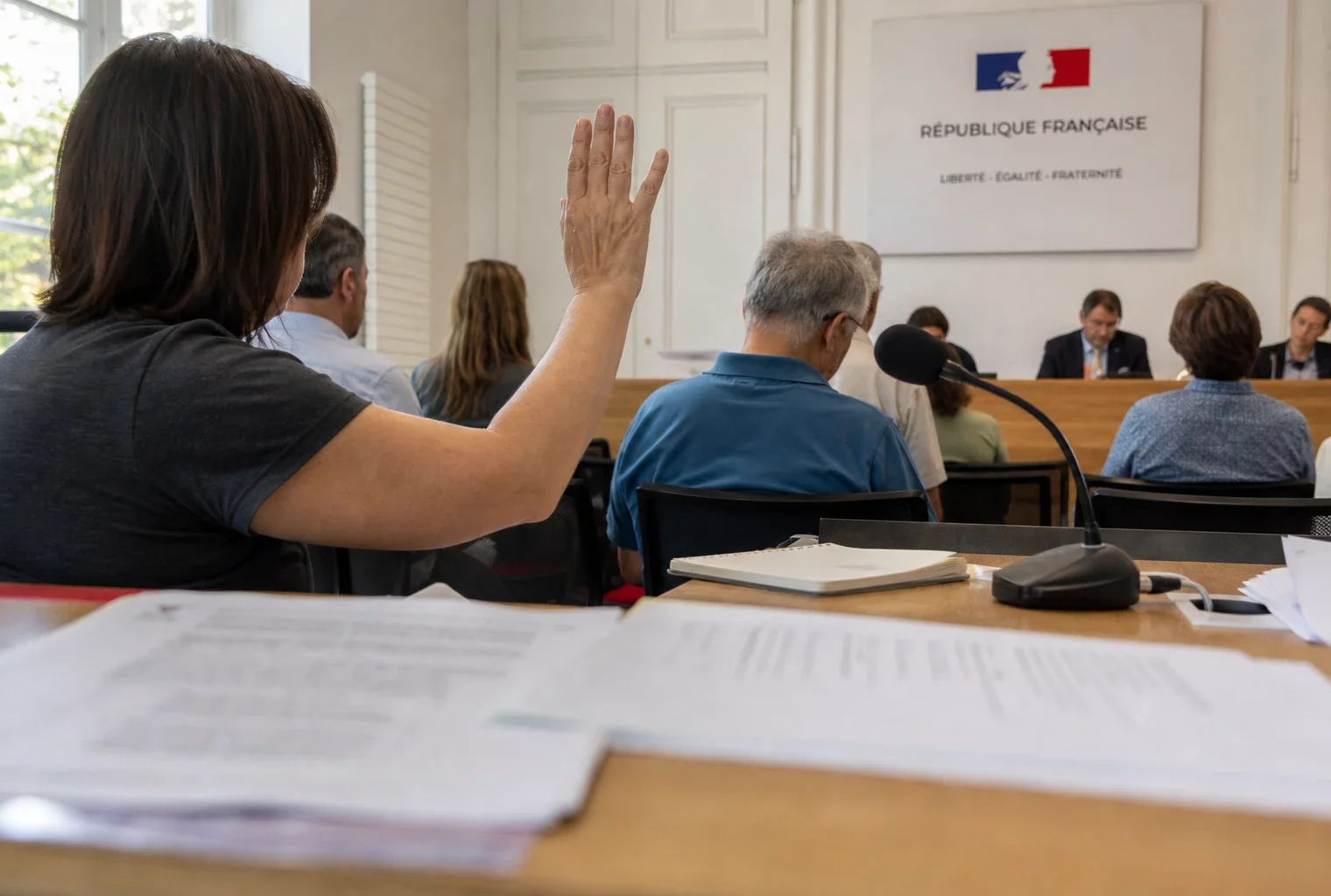 Salle publique d’audition avec micro, documents juridiques flous et main levée dans une ambiance claire et sobre.