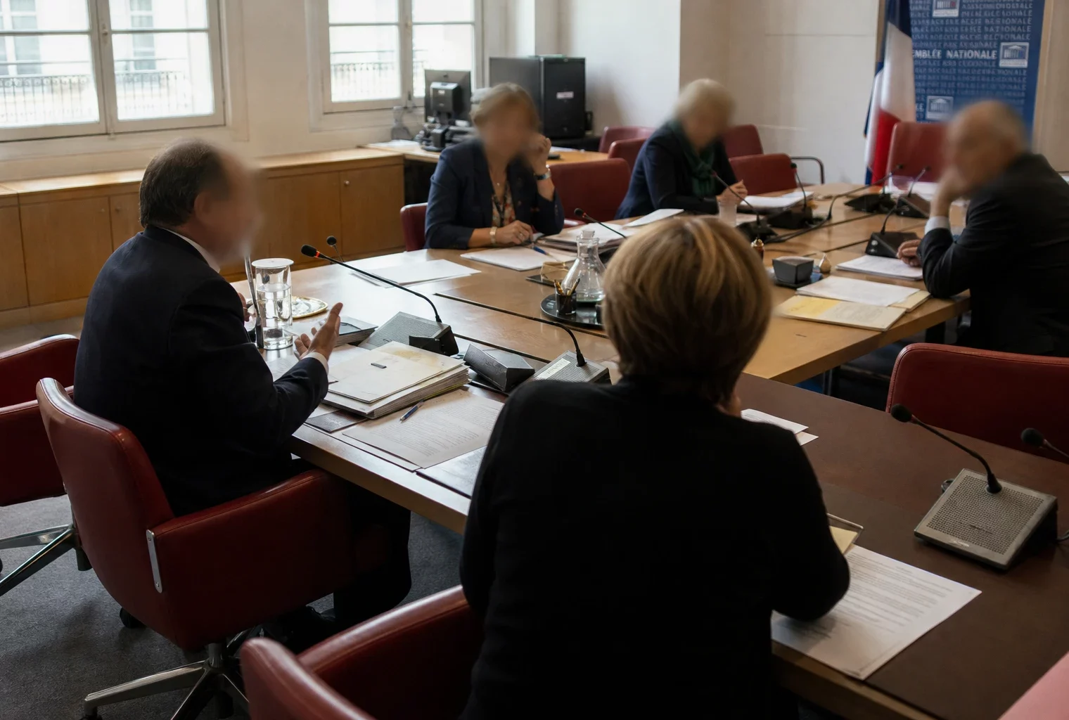 Réunion de commission parlementaire avec micros, dossiers et silhouettes anonymes dans une salle éclairée par la lumière du jour.