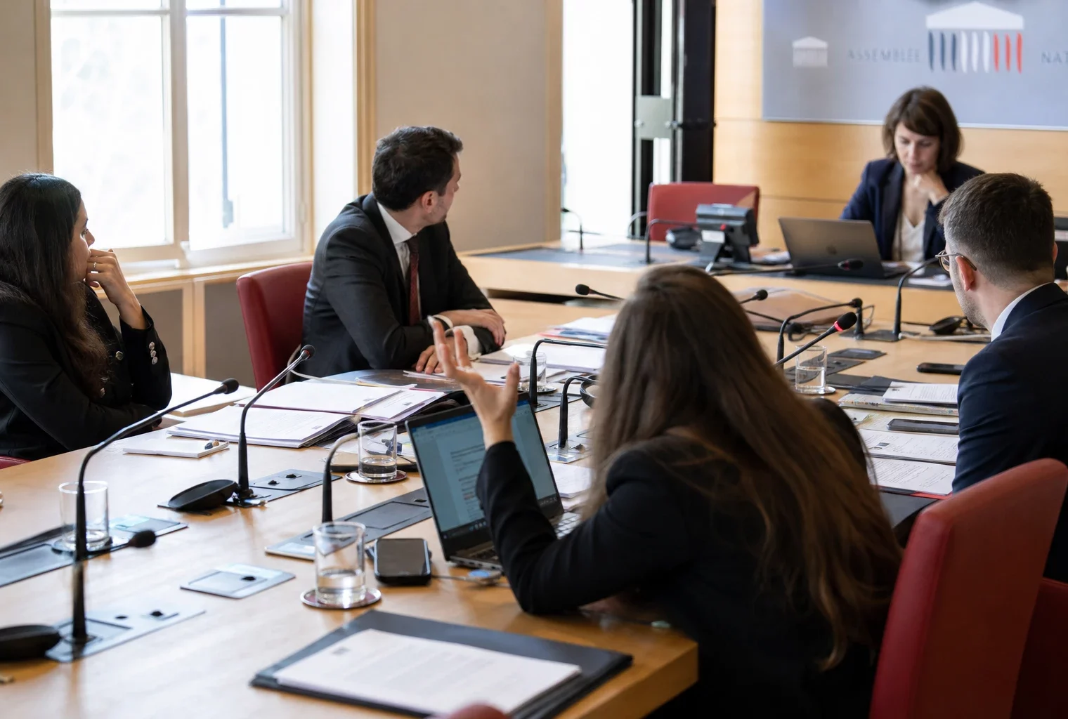 Audition parlementaire en commission avec micros, dossiers et silhouettes anonymes dans une salle claire de l’Assemblée nationale.