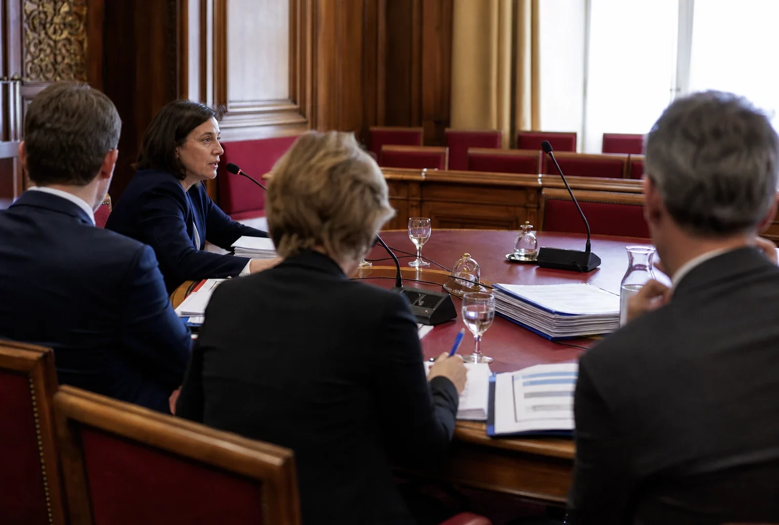 Audition parlementaire en commission avec micros, dossiers ouverts et silhouettes anonymes dans une salle claire