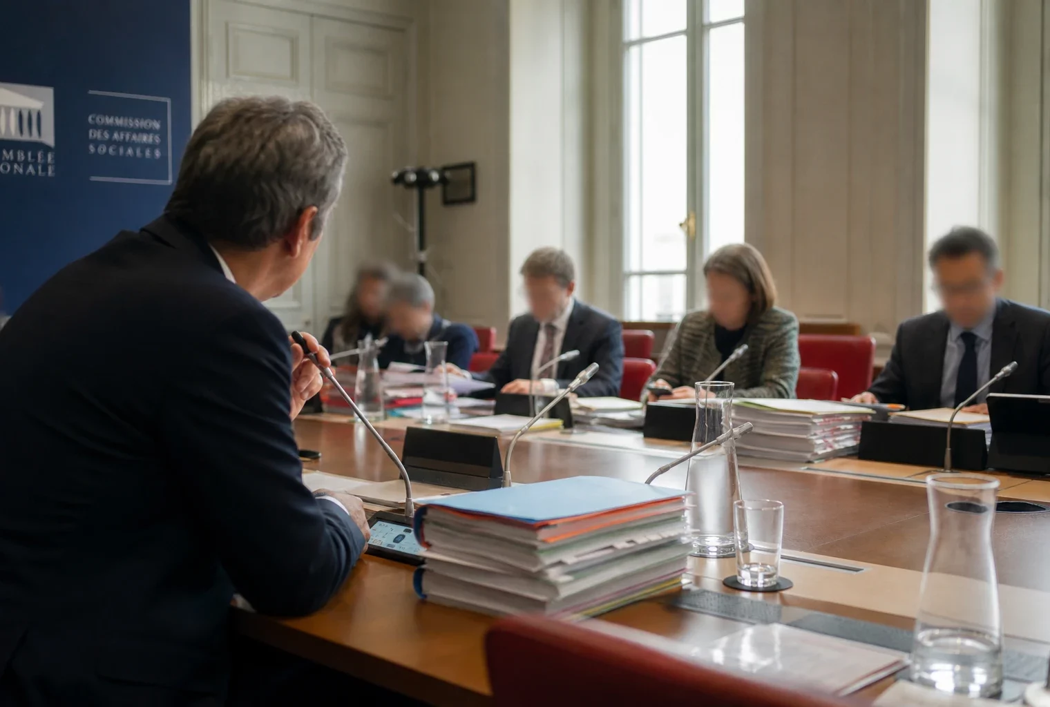 Audition parlementaire avec micros, dossiers ouverts et silhouettes anonymes dans une salle de commission lumineuse.
