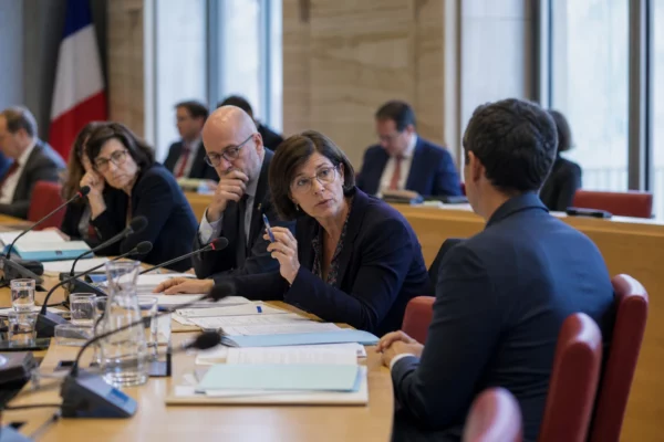 Audition parlementaire sur la protection des enfants avec micros, dossiers ouverts et silhouettes anonymes en commission