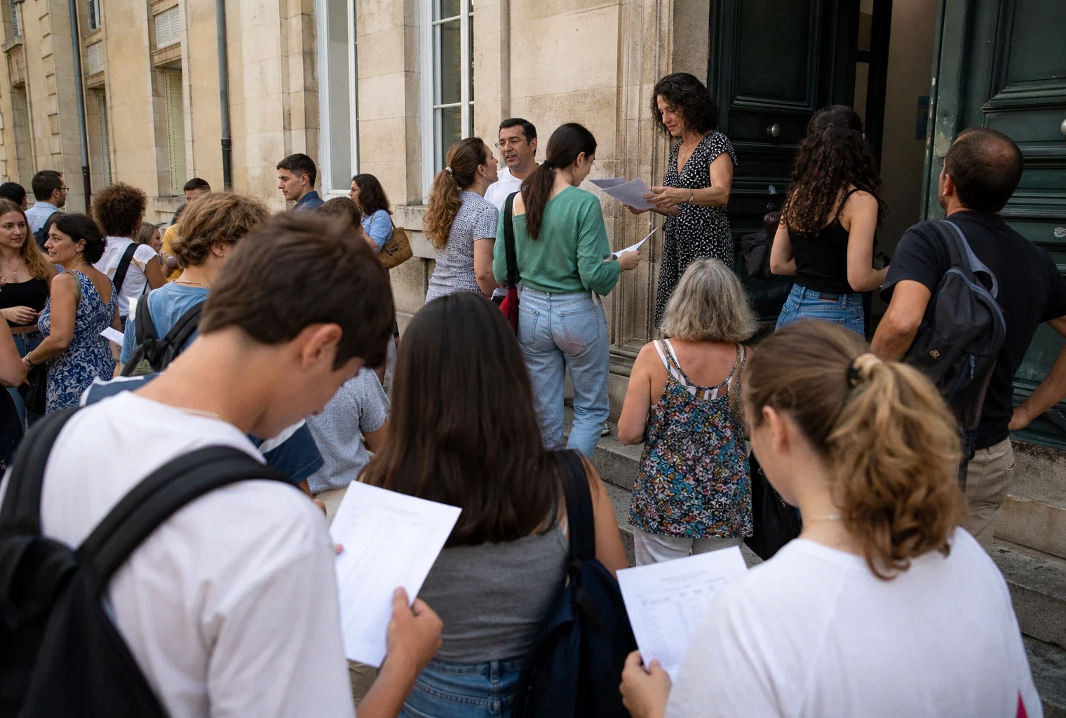 Des lycéens et parents devant un lycée public français le jour des résultats du bac.