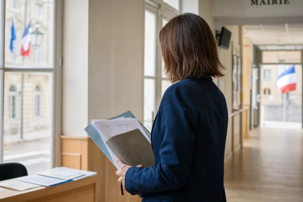 Collaborateur municipal anonyme de dos dans une mairie lumineuse, carnet à la main, avec la rue en arrière-plan.